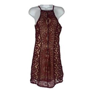 Francescas Burgundy Crochet Lace Halter Dress Size Small